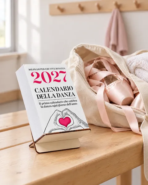 Il calendario su una panca di legno accanto a una borsa aperta con le punte rosa